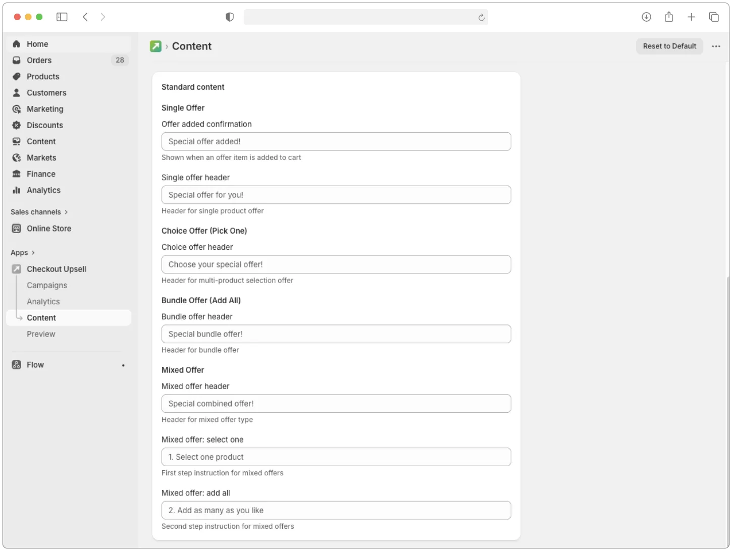Content customization panel for editing widget text