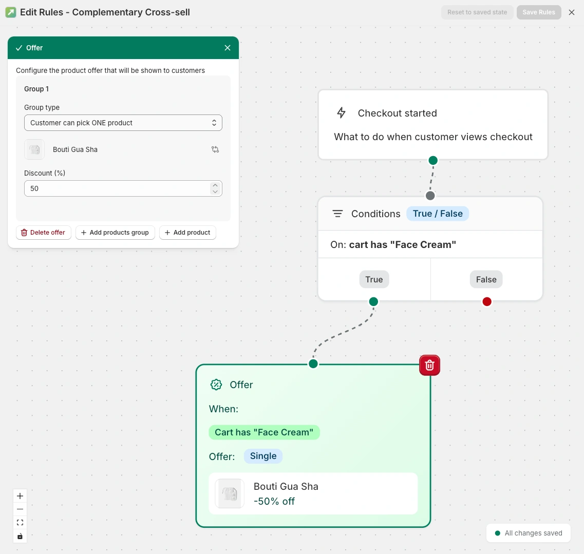 Visual rule builder interface showing connected logic nodes